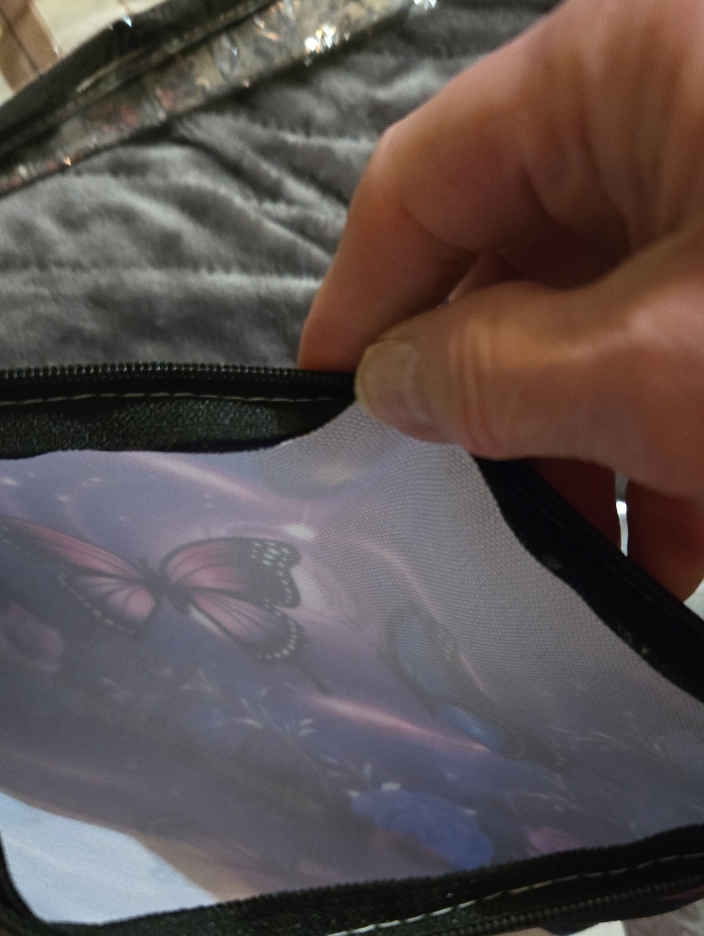 Canvas Zipper Pouch Featuring Butterflies And A Heart On A Purple Background - Picture 3 of 3